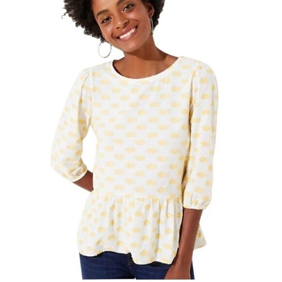 Ann Taylor LOFT Yellow medium Clip Dot Peplum White Blouse - Picture 1 of 9